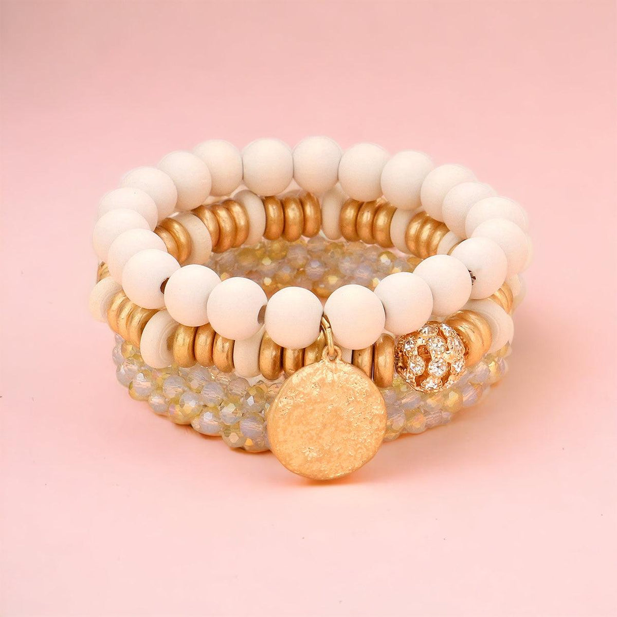 Textured Metal Disc Wood Stretch Bracelet - Amelia K. Luxe