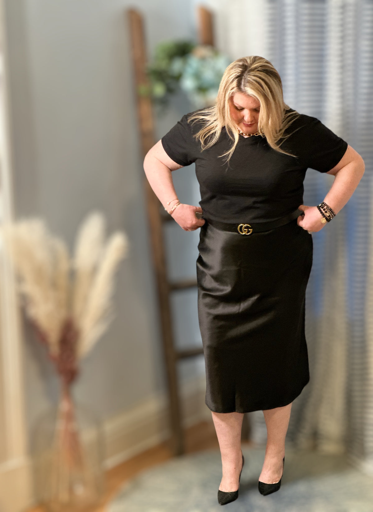 Black Satin Midi Skirt