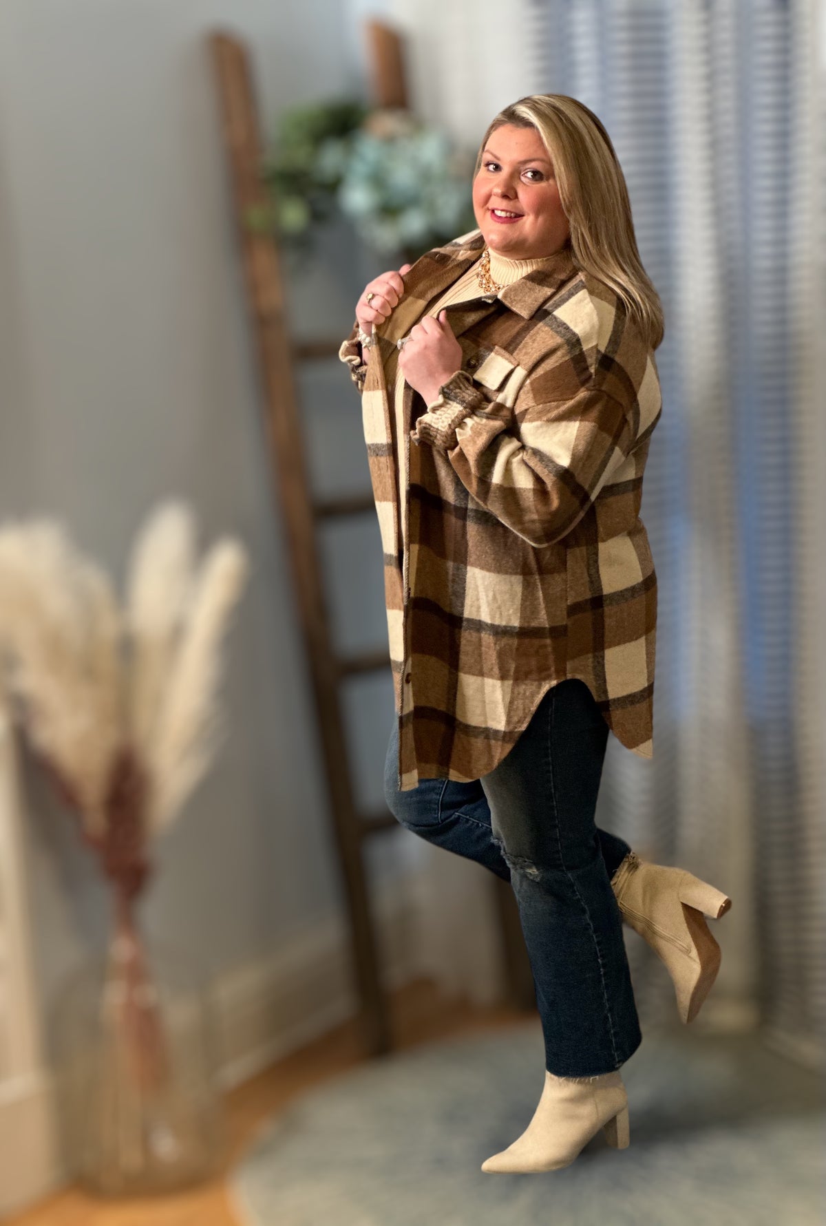 Smocked Wrist Plaid Shacket