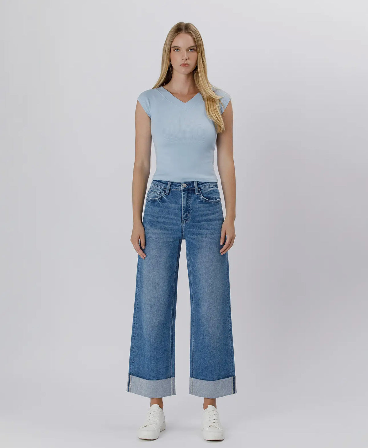 High Rise Double Cuff Wide Leg Jeans
