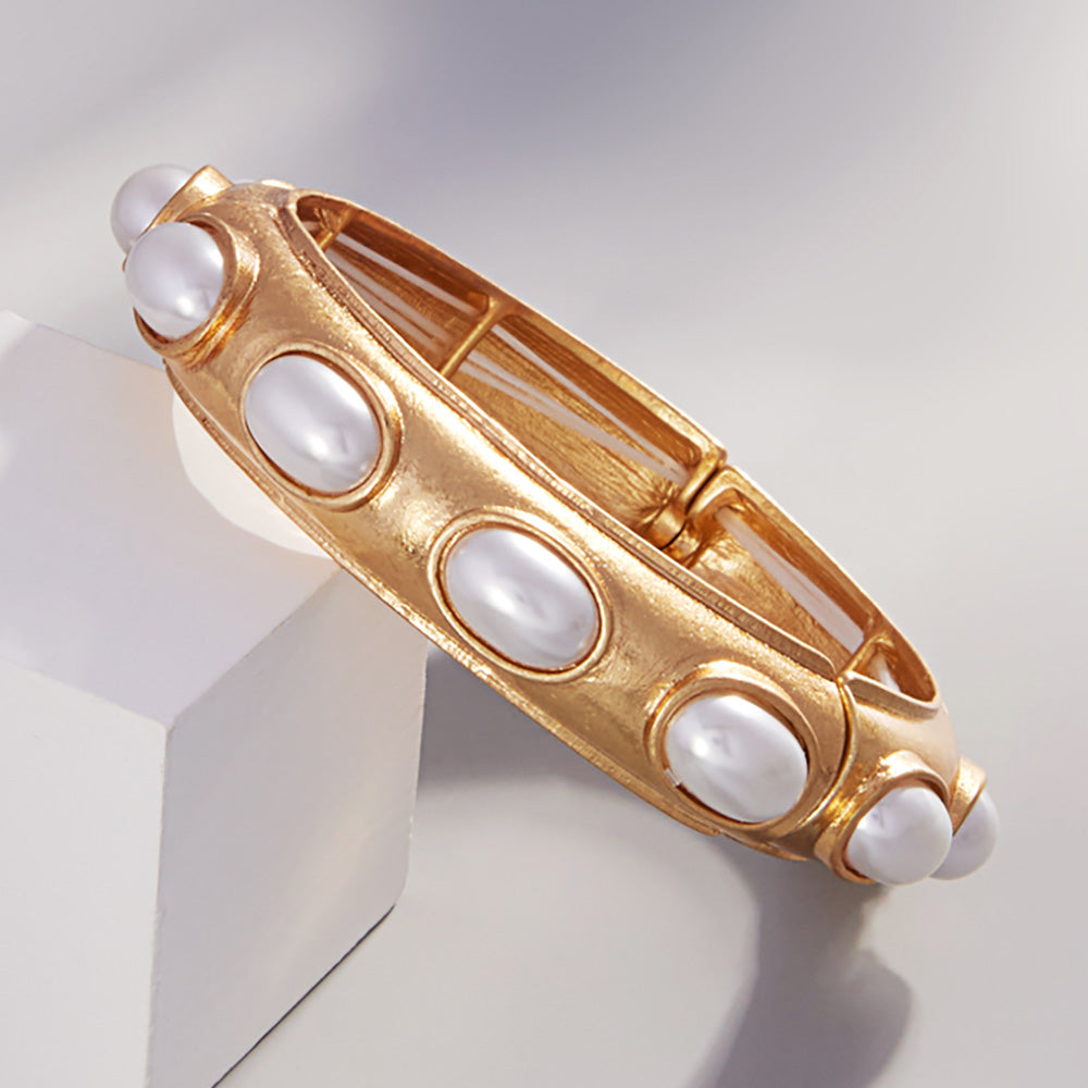 Oval Pearl Brushed Metal Bracelet