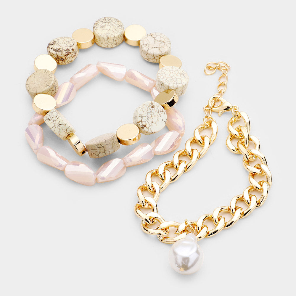 Multi Bead Pearl Charm Layered Bracelets